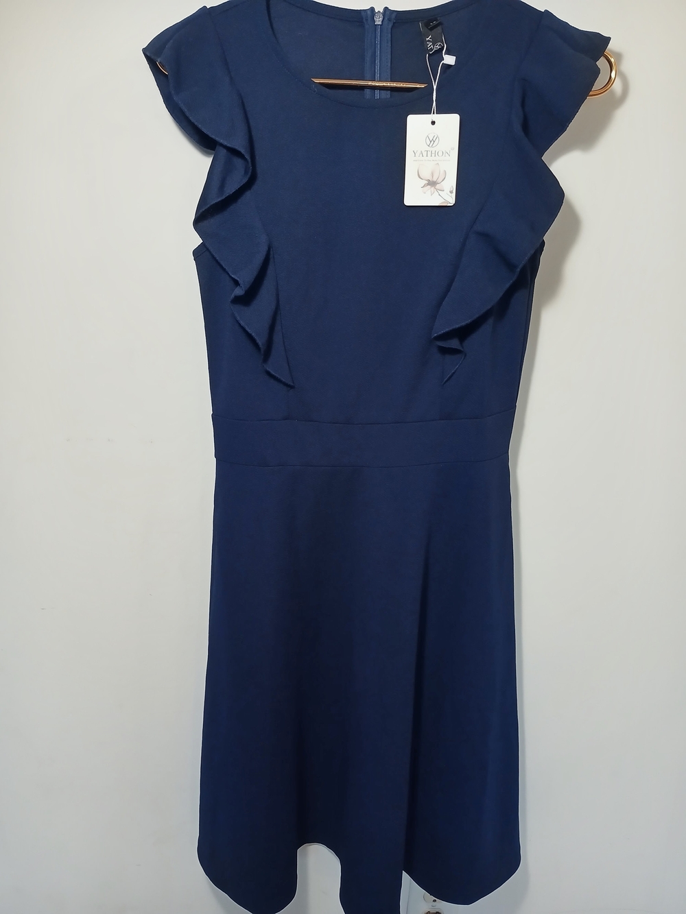 Yathion Navy Ruffle-Shoulder Midi Dress